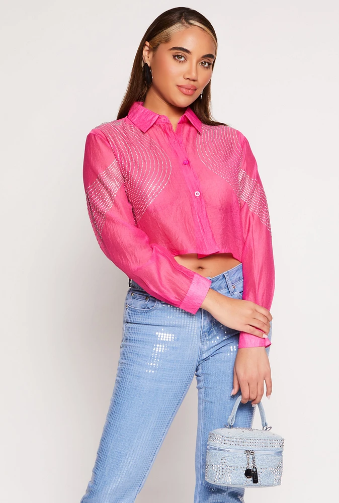 Womens Organza Rhinestone Studded Crop Top,