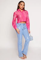 Womens Organza Rhinestone Studded Crop Top, Pink,