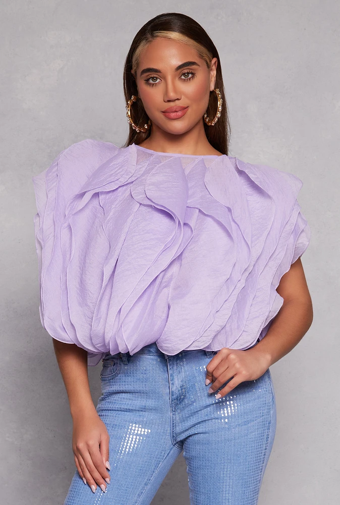 Womens Organza Ruffled Tie Back Keyhole Blouse, Purple, Size S