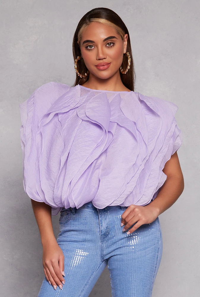 Womens Organza Ruffled Tie Back Keyhole Blouse, Purple, Size M