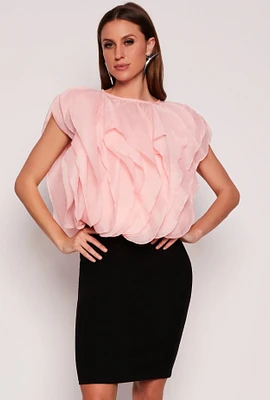 Womens Organza Ruffled Tie Back Keyhole Blouse,