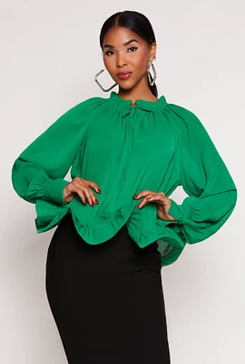 Womens Chiffon Tie Keyhole Long Sleeve Blouse, Green, Size XL