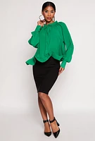 Womens Chiffon Tie Keyhole Long Sleeve Blouse, Green, Size XL