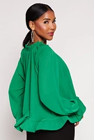 Womens Chiffon Tie Keyhole Long Sleeve Blouse, Green, Size XL