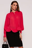 Womens Chiffon Tie Keyhole Long Sleeve Blouse,