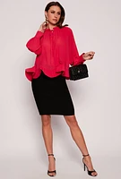 Womens Chiffon Tie Keyhole Long Sleeve Blouse,