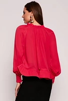 Womens Chiffon Tie Keyhole Long Sleeve Blouse,