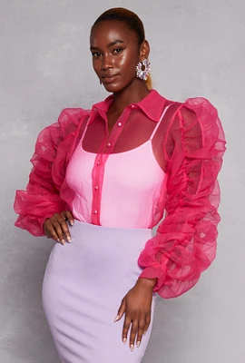 Womens Organza Ruched Puff Sleeve Blouse, Pink, Size S