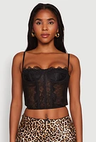 Womens Chic Sheer Lace Cropped Bustier Top with Sweetheart Neckline, Black, Size L