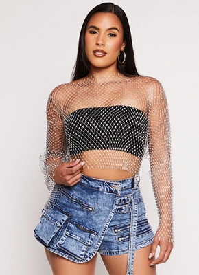 Womens Rhinestone Fishnet Crop Top, Grey, Size M