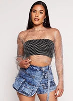 Womens Rhinestone Fishnet Crop Top, Grey, Size M