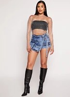 Womens Rhinestone Fishnet Crop Top, Grey, Size M