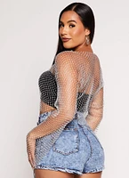 Womens Rhinestone Fishnet Crop Top, Grey, Size M