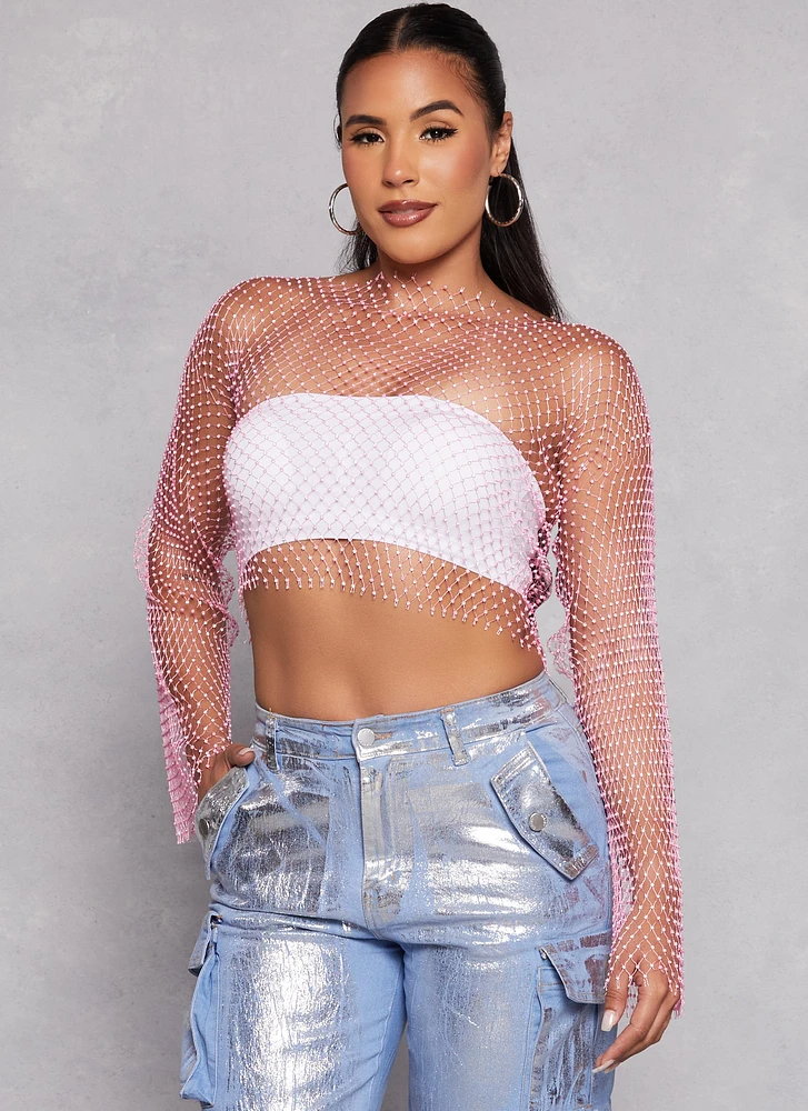 Womens Rhinestone Fishnet Crop Top, Pink, Size L