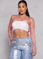 Womens Rhinestone Fishnet Crop Top, Pink, Size L