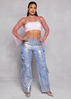 Womens Rhinestone Fishnet Crop Top, Pink,