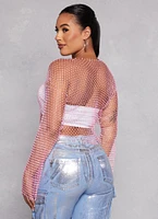 Womens Rhinestone Fishnet Crop Top, Pink, Size L