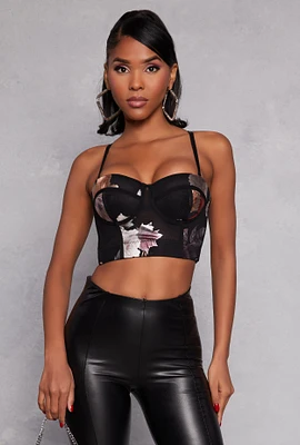Womens Floral Mesh Cropped Bustier Top, Black, Size M