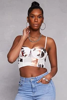 Womens Floral Mesh Cropped Bustier Top, White, Size M
