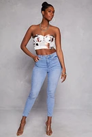 Womens Floral Mesh Cropped Bustier Top, White, Size M