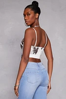 Womens Floral Mesh Cropped Bustier Top, White, Size L