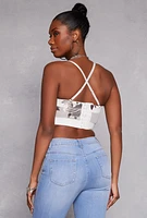 Womens Floral Mesh Cropped Bustier Top, White, Size M