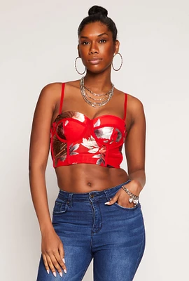 Womens Floral Mesh Cropped Bustier Top, Red, Size M