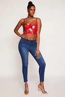 Womens Floral Mesh Cropped Bustier Top, Red, Size M