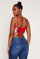 Womens Floral Mesh Cropped Bustier Top, Red, Size M