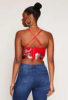 Womens Floral Mesh Cropped Bustier Top, Red, Size M