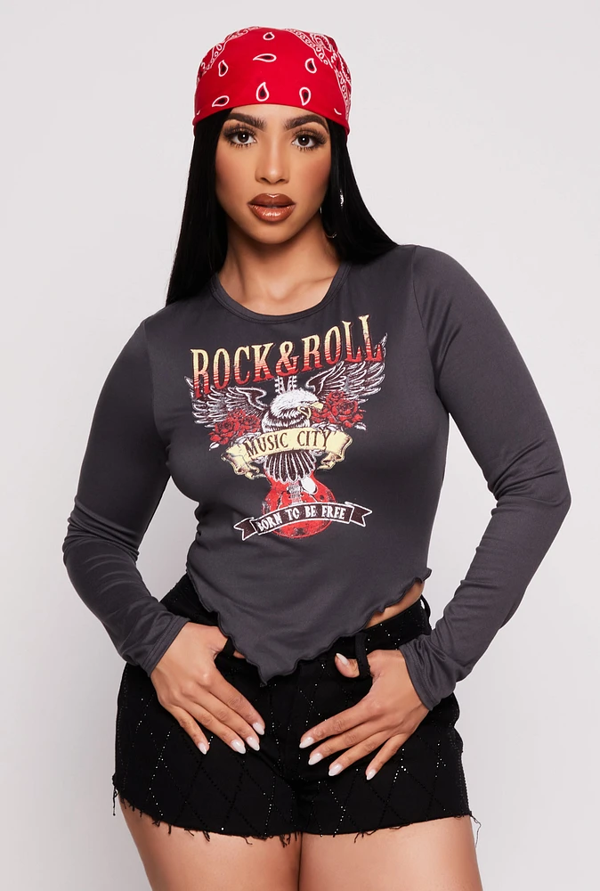 Womens Rock and Roll Eagle Graphic Crop Top, Grey, Size M