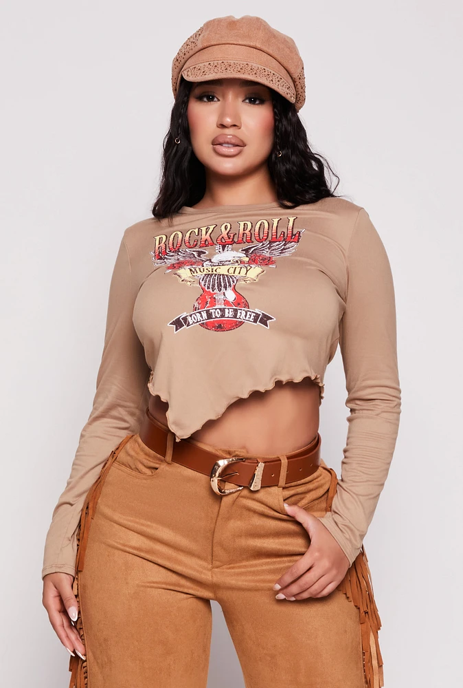 Womens Rock and Roll Eagle Graphic Crop Top, Brown, Size S