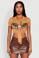 Womens Live Wild Plunge Tie Front Crop Top, L