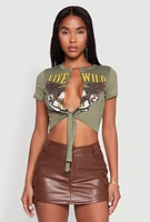 Womens Live Wild Plunge Tie Front Crop Top, Green, Size L