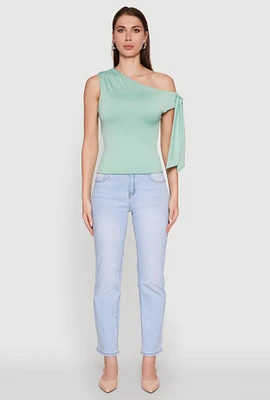 Womens Trendy Tie Sleeve Ruched Asymmetrical Top, Green, Size XL