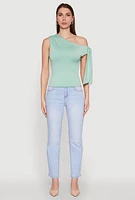 Womens Trendy Tie Sleeve Ruched Asymmetrical Top, Green, Size XL