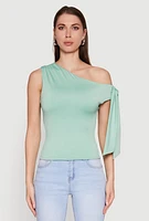 Womens Trendy Tie Sleeve Ruched Asymmetrical Top, Green, Size XL