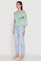 Womens Trendy Tie Sleeve Ruched Asymmetrical Top, Green, Size XL