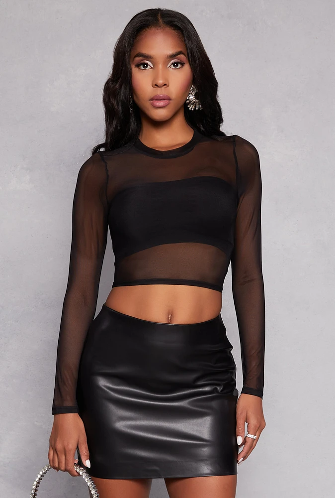 Womens Mesh Long Sleeve Crop Top, Black, Size M