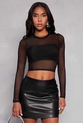 Womens Mesh Long Sleeve Crop Top, Black, Size M