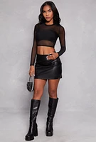 Womens Mesh Long Sleeve Crop Top, Black, Size M