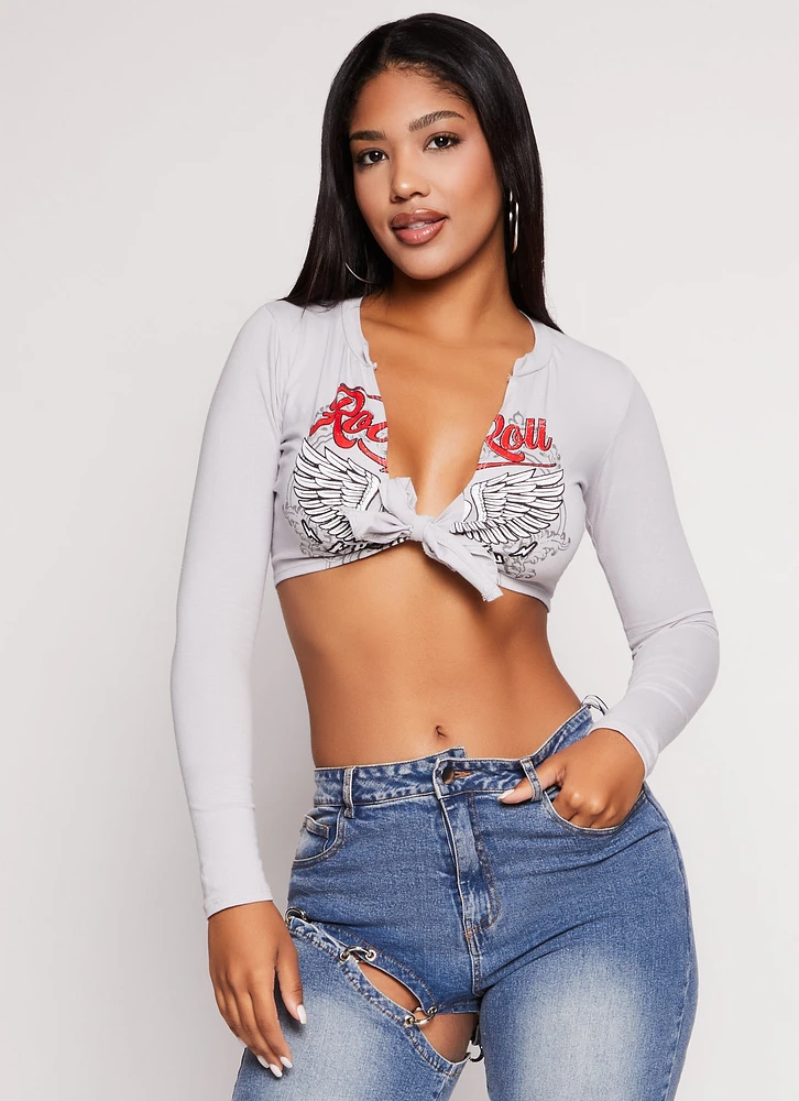 Womens Rock n Roll Tie Front Graphic Crop Top, Grey, Size L