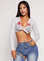 Womens Rock n Roll Tie Front Graphic Crop Top, Grey, Size L