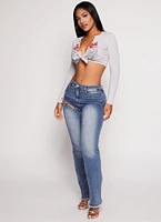 Womens Rock n Roll Tie Front Graphic Crop Top, Grey, Size L