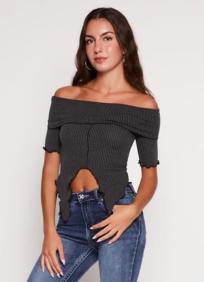 Womens Textured Knit Off the Shoulder Crop Top, Grey, Size M