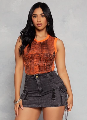 Womens Denim Print Sleeveless Crop Top,
