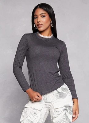 Womens Basic Crew Neck Long Sleeve T Shirt, Grey, Size M