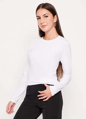 Womens Solid Crew Neck Long Sleeve Tee, White, Size L