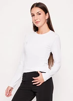 Womens Solid Crew Neck Long Sleeve Tee, White, Size L