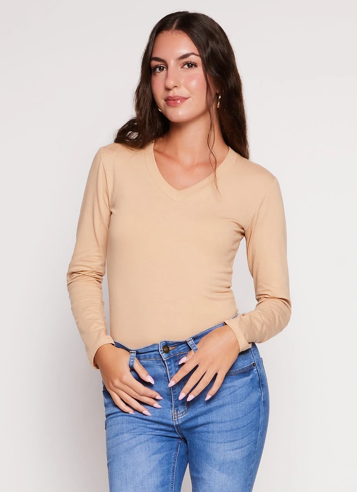 Womens Basic V Neck Long Sleeve T Shirt, Beige, Size S